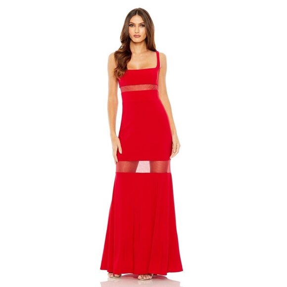 NWT Mac Duggal Sheer Mesh Panel Detail Column Gown Red 8